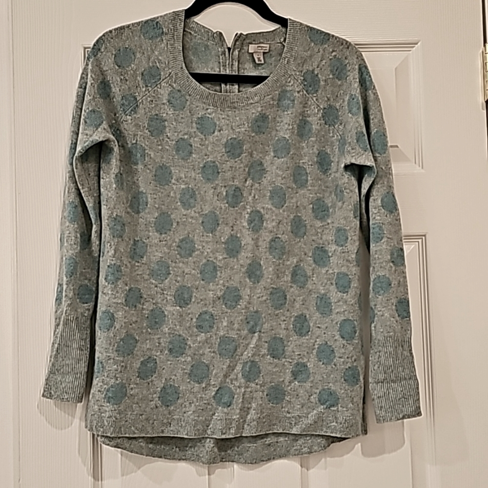 Halogen Cashmere Sweater, Size Small in a Marled Gray with Turquoise Polka Dots